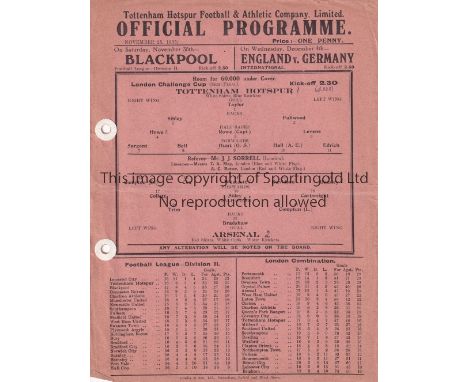 TOTTENHAM HOTSPUR V ARSENAL 1935     Single sheet programme for the London Challenge Cup Semi-Final at Tottenham 25/11/1935, 