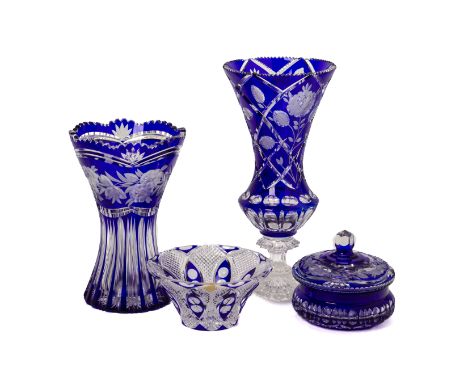A GROUP OF BOHEMIA CUT CRYSTAL ITEMS
On a blue ground with foliate engraved decoration
34.5cm high (tallest item)
Condition: 