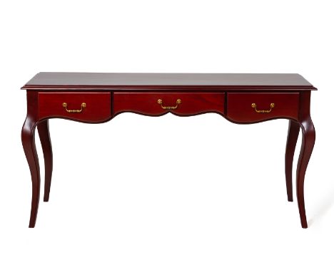 A ROSEWOOD CONSOLE TABLE The three drawers with drop brass handles, raised on cabriole supports 76cm high x 150cm wide x 48cm