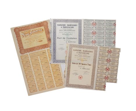 THREE SHARES OF INDONESIAN PLANTATIONS
To include:

One share of Plantations Nord Sumatra ,  Bruxelles , 1927,  with attached