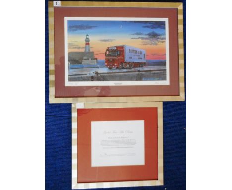 Framed print. 'Balaclava Light', D. Steven & Son lorry. 20/100. Signed in pencil Allan Spillett. 43cm x 26cm. With framed cer