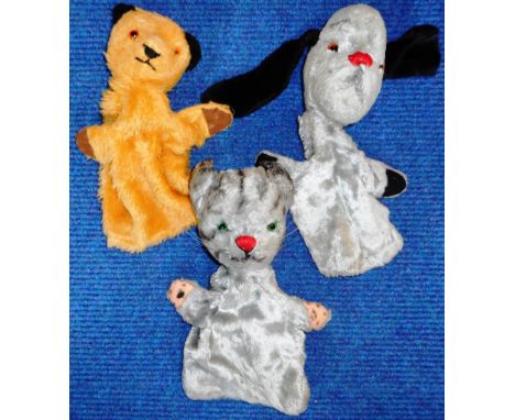 Three glove puppets. Sooty, Sweep and cat.