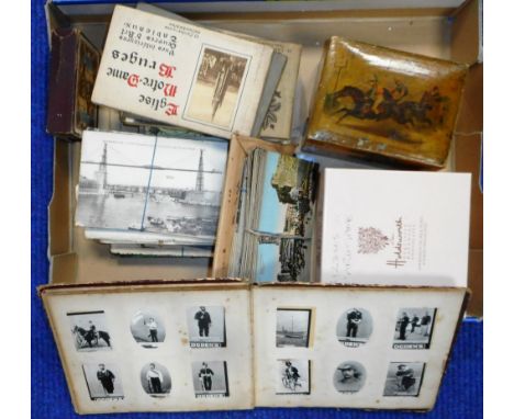 Box of old postcards, playing cards & an Ogden's cigarette card album.  
