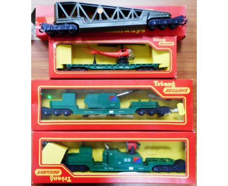 Tri-ang Railways R.562 "Plane Launching Car with Plane"; R.341 "Search Light Wagon" R.343 4-Rocket Launcher. R.128 Helicopter