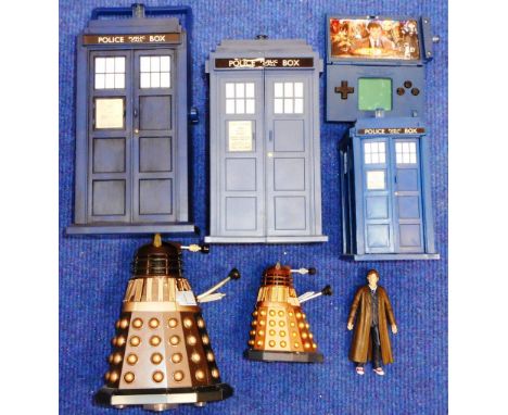 Dr. Who. Three various police boxes, two Daleks, game and Dr. Who model.