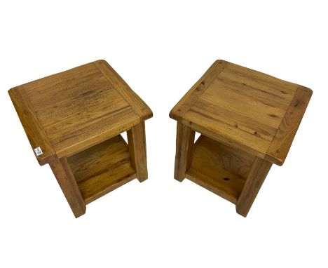 Pair of oak lamp or bedside tables, square top raised on square supports, united by undertierDimensions:  Height: 55cm  Lengt