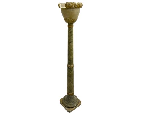 Early to mid-20th century green and black gradient alabaster uplighter standard lamp, the shade with flower head decorated ri