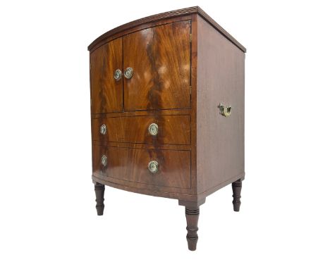 Early 19th century mahogany converted bow-front commode, hinged top with reeded edge, lifting to reveal shelf interior over a