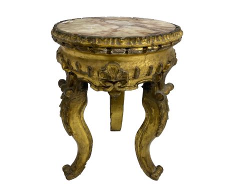 19th century French giltwood and gesso lamp table, circular inset marble top with foliate carved rim, tripod base with shell 