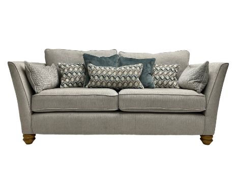 Oak Furnitureland - 'Gainsborough' lounge suite - three seat sofa, out-swept arms with loose cushions on turned oak feet, uph