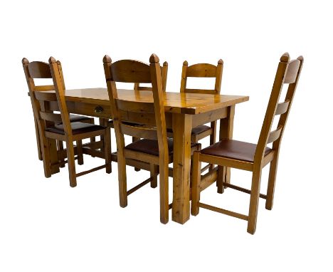 Polished pine dining tale, rectangular top over square chamfered supports (W176cm D85cm H78cm); and set six pine ladder back 