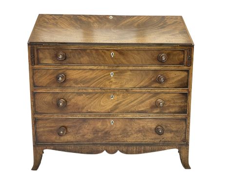 George III mahogany bureau, fall-front with ivory escutcheon enclosing fitted interior and inset leather writing surface, abo