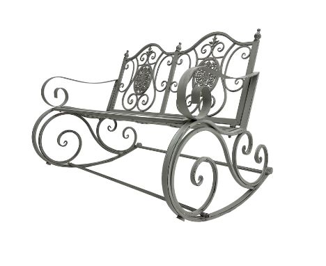 Regency design wrought metal rocking garden bench seat, pierced back with scroll design over strap seat, with C-scroll back s