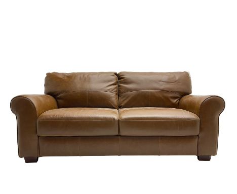 Two seat sofa, upholstered in tan leatherDimensions: Height:&nbsp;88cm&nbsp; Length/Width:&nbsp;194cm&nbsp; Depth/Diameter:&n