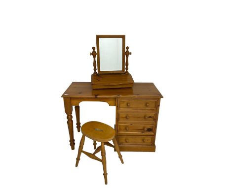 Traditional waxed pine single pedestal dressing table, rectangular top, fitted with four drawers (W106cm D46cm H75cm); and ma