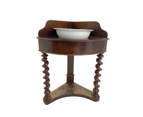 Victorian mahogany corner washstand bow-front table, raised back and banded frieze, raised on front spiral turned supports un