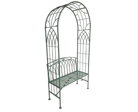 Regency design wrought metal arch and bench, decorated with arched gothic window design, strap seat and straight supports, in