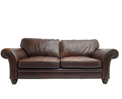 Traditional shaped large two seat sofa with scrolled arms, upholstered in chocolate brown leather with olive green back, rais