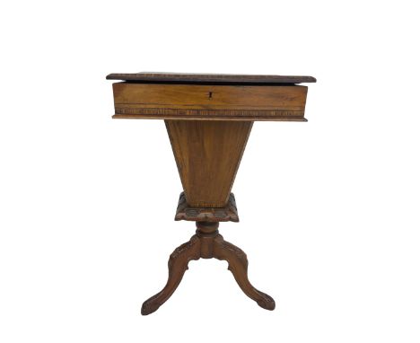 Victorian walnut work table, the rectangular hinged top inlaid with a chessboard design, canted edge with alternating ebony a