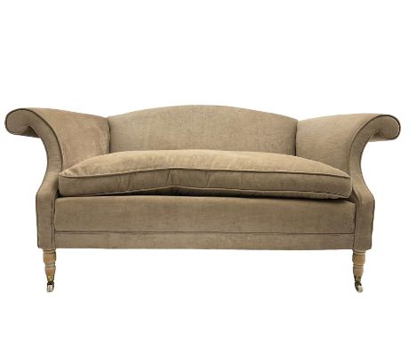 Traditional two seat sofa, curved back over scrolled arms, upholstered in crushed beige fabric with matching loose cushions, 