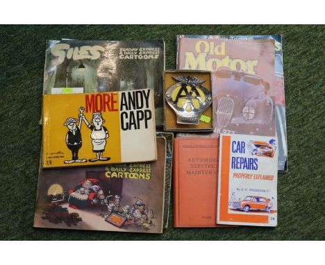 Boxed Vintage AA Car badge and assorted Automobilia magazines, Giles and Andy Capp 