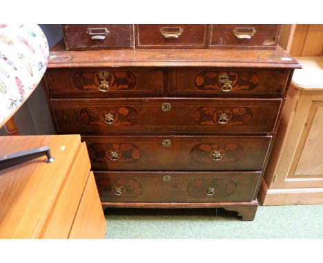 19thC Dutch style Parquetry inlaid chest of 2 over 3 drawers with brass escutcheons and drop handles over bracket feet 
