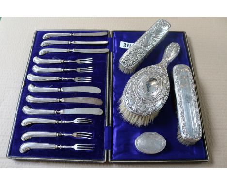 Cased Set of Silver Handled Knife and fork set, Collection of Edwardian Silver backed dressing table ware and a Silver plated