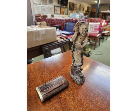 19thC Chinese Carved Soapstone figure of Immoratl on base and a Wooden Snuff hinged snuff box 