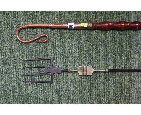 Good quality 19thC folding toasting fork and a Copper topped  Crozier with turned handles 