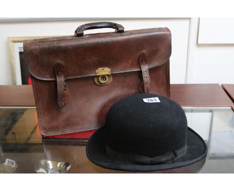 Vintage Leather Satchel and a Cornish &amp; Co Bowler Hat 