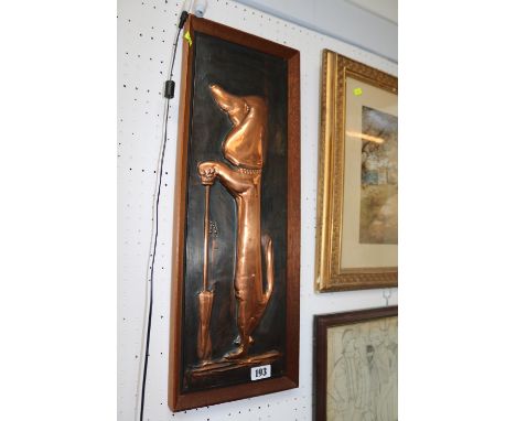 Copper raided plaque depicting a Sausage dog R dent 1969 