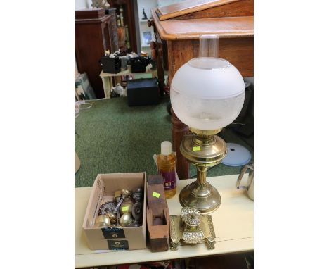 Brass Oil Lamp with etched glass shade, Brass inkwell, wooden plane and brass door handles 