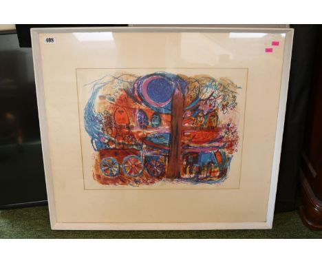 Framed Lithographic print dated 1962 by Williams depicting Owls in trees with horse and cart to foreground 54 x 41cm 