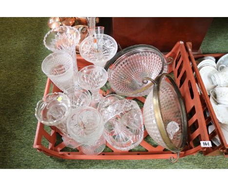 Tray of assorted Glass and Crystal vases, flower basket and 2 Glass Ceiling light fittings 