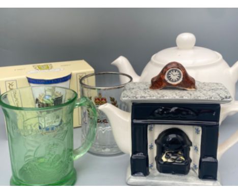 A lot containing a ringtons teapot and cup also with a fireplace designed teapot and 2 commemorative glasses