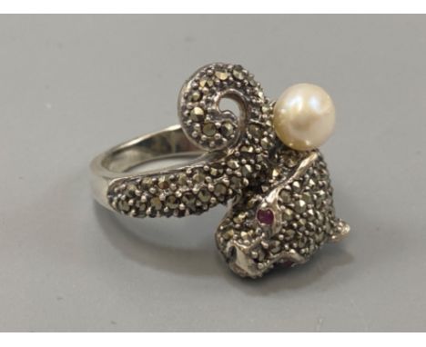 A silver marcasite panther ring with pearl drop design style, weight 9.10grams