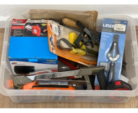 Box of various tools including air compressor, circlip pliers and grips