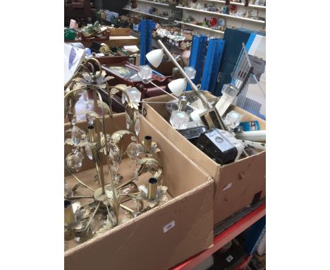 2 boxes of light fittings including chandelier, tubes, bulkhead lights, track light and explair fans 