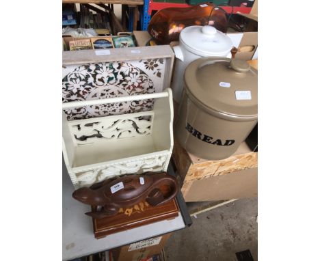 An inlaid jewellery box, carved amphibian, magazine rack, filigree tray, and two ceramic bread crocks 