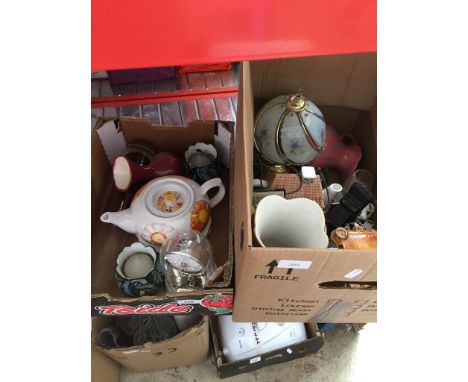 2 boxes of mixed pottery including vase, table lamps, novelty teapots, clock etc 