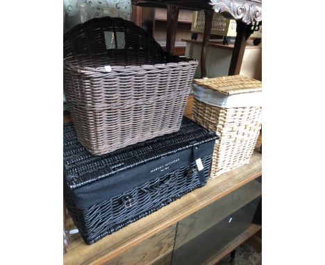Three wicker baskets including Harvey Nichols hamper (empty) 