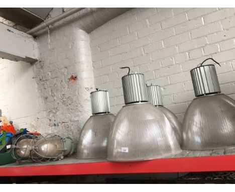 4 large plastic industrial light units and 2 metal outdoor safety lights 