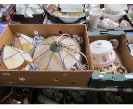 A large and tw0 small leaded lightshades with marble effect panels, and a vintage light fitting with white glass rose pattern