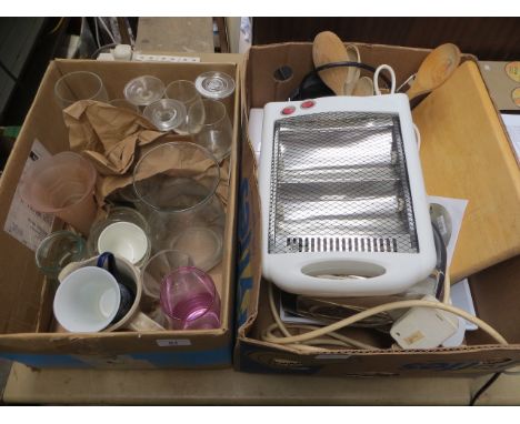 2 boxes of household items including glassware, kettle, alarm clock, cutlery etc 