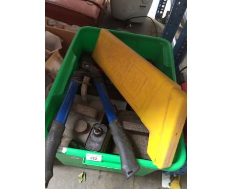 A box of garage items including jerry can, warning triangle, hand tools, hedge shears etc 