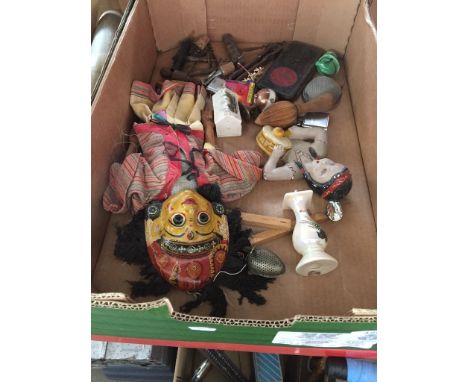 A box of collectables including a vintage two faced puppet, lighter, corkscrews, etc. 