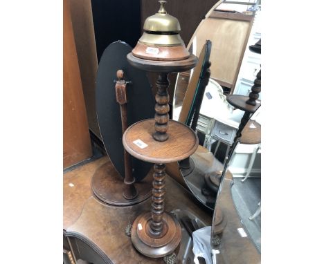 Antique smokers stand with claw feet and an oak based counter bellCondition: old repair to twist stem, otherwise good, bell i