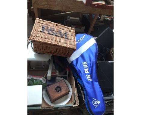 Two boxes including mixed electricals, small F&amp;M hamper, cake covers, tennis racquet, ipod and docking station, digibox e