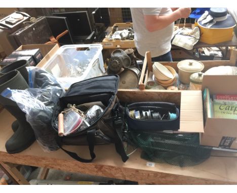 Various coarse and fly fishing items including rod, reels and spools, waterproofs, boots, bag with tackle, keep nets and quan