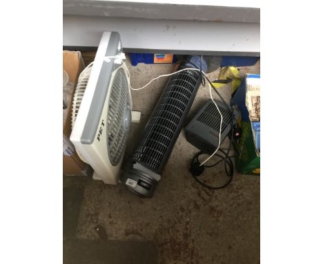 An electric ceramic heater, a Bionaire air circulator, and a PET fan 